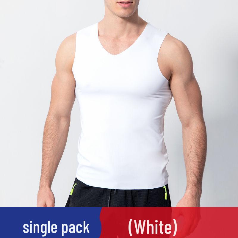 Ice Silk Men's Seamless V-neck Vest: Slimming, Stretchy, Solid Color Sports Base Layer Pajama
