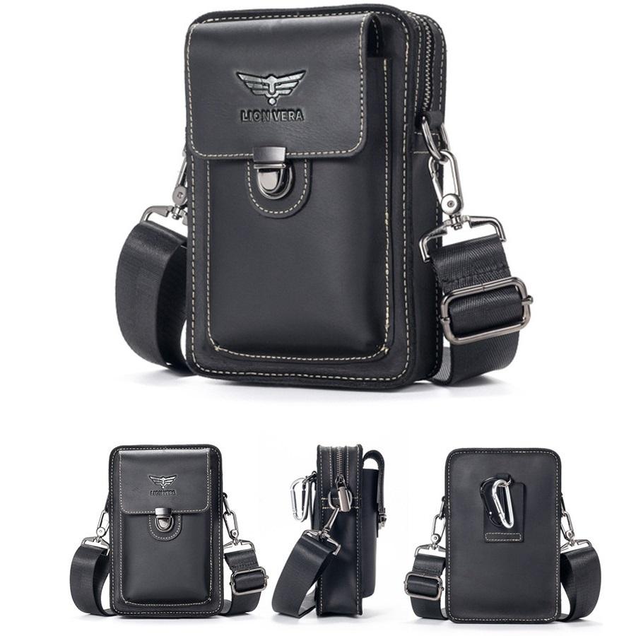 LION VERA Sacoche de Ceinture en Cuir Véritable pour Téléphone Homme Sacoche de Taille Fine Bandoulière