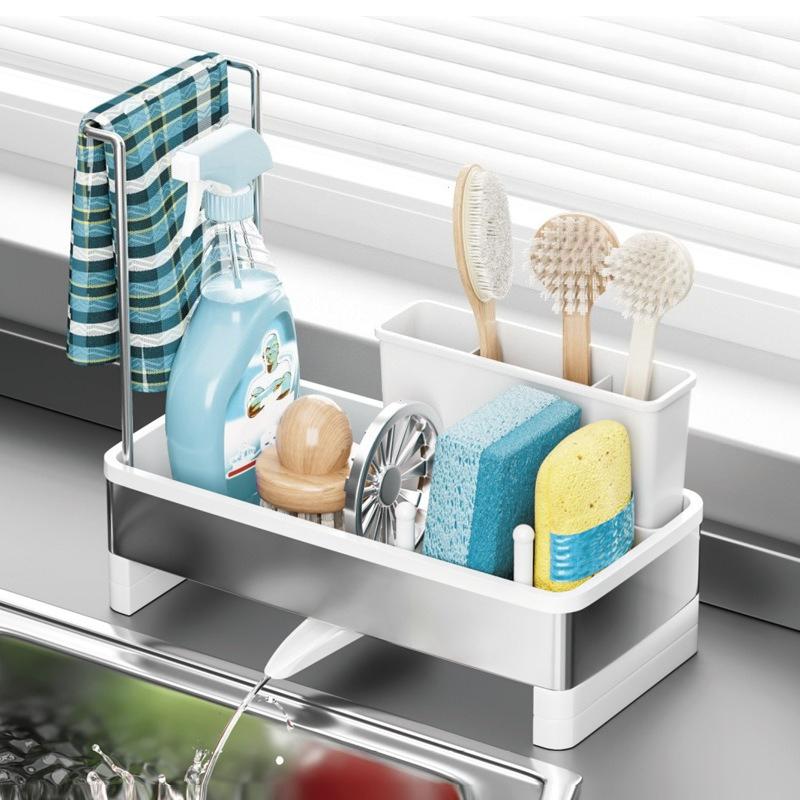 Stainless Steel Sponge Rack with Drain - Multi-Functional Kitchen Bath Storage Box for Cleaning Supplies Towels Brushes
