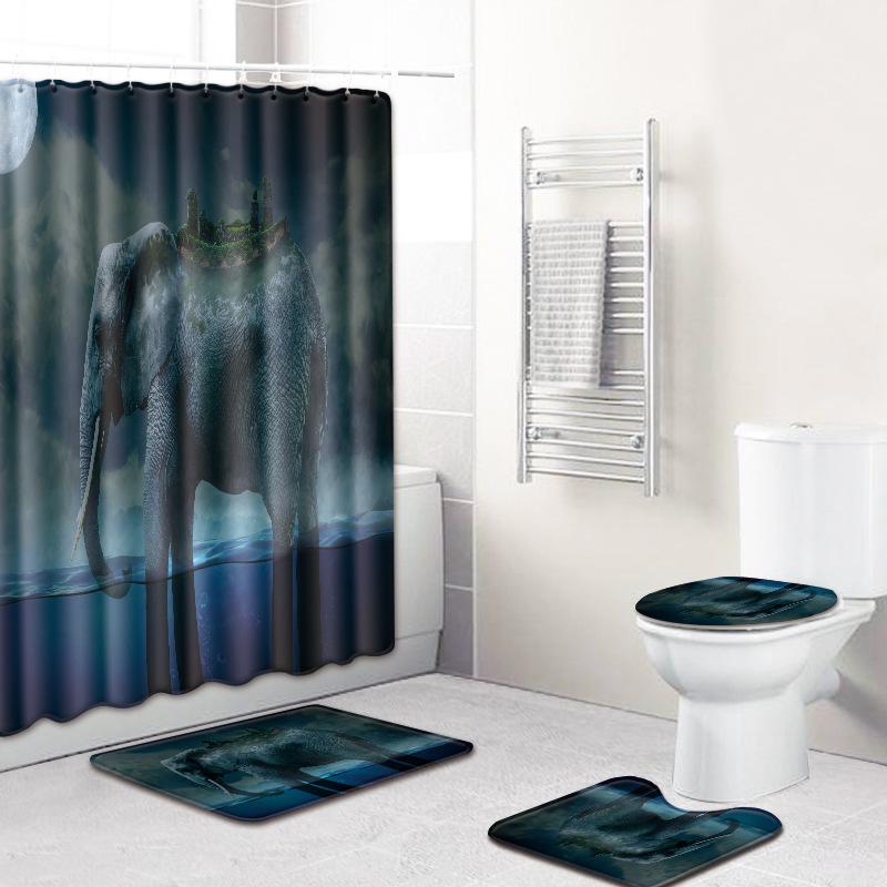 Elephant Lion Animal Shower Curtain Floor Mat Combination Set Toilet Carpet Shower Room Mat Foot Mat