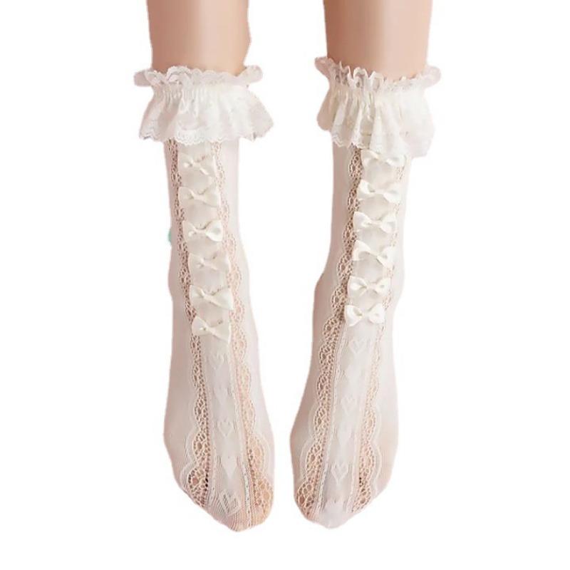 Female Spring and Summer Thin Model Bow Hollow Lace Lace In The Tube Stack Socks