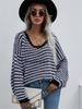 Autumn and winter pullover striped women's knitted sweater V-neck women's clothing plus size sweater women's clothing