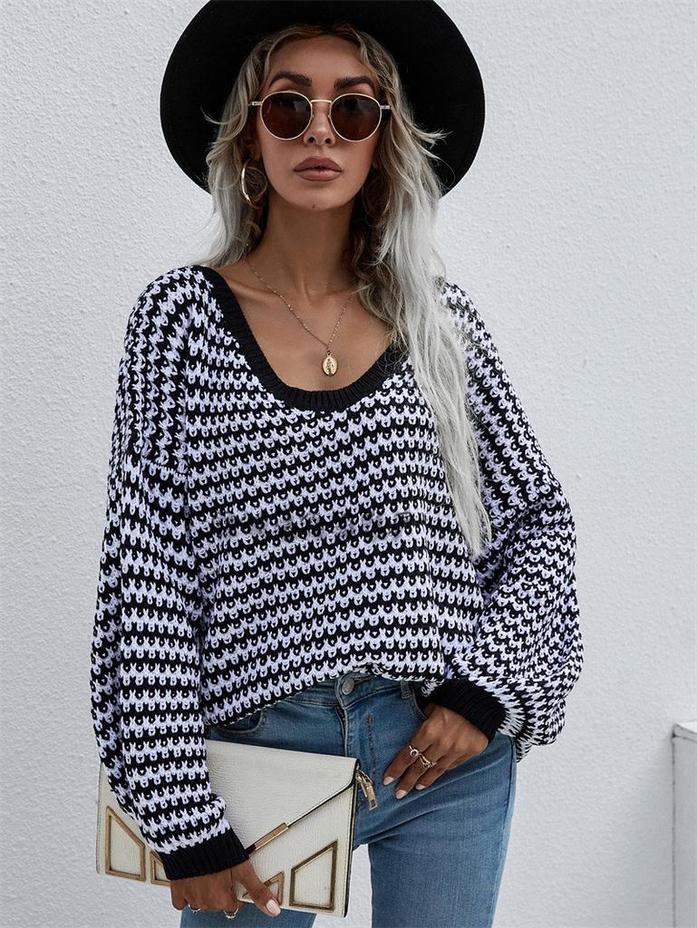 Autumn and winter pullover striped women's knitted sweater V-neck women's clothing plus size sweater women's clothing