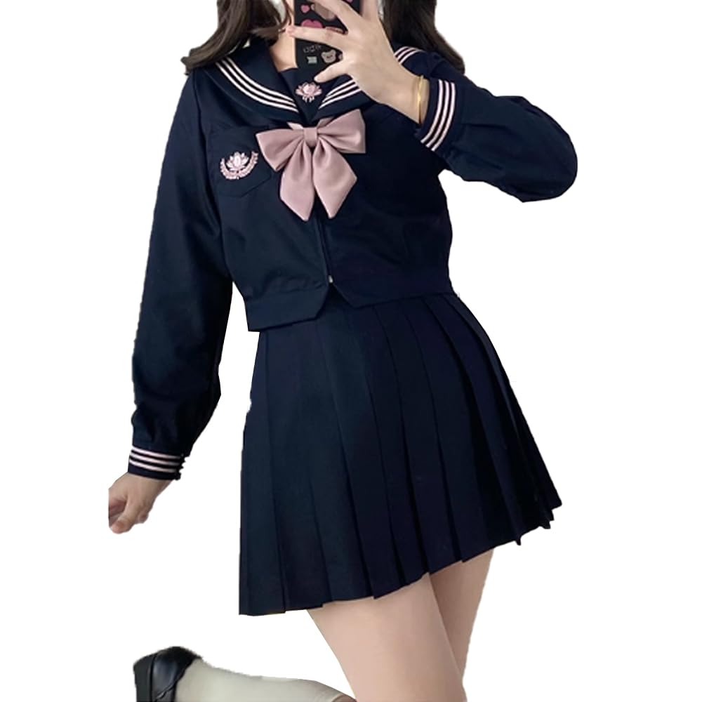 

Sea Sailor Uniform Long Sleeve Navy Blue Girls Uniform Cute Embroidered Pattern School Uniform JK Uniform Skirt Sailor Uniform Cosplay High School
