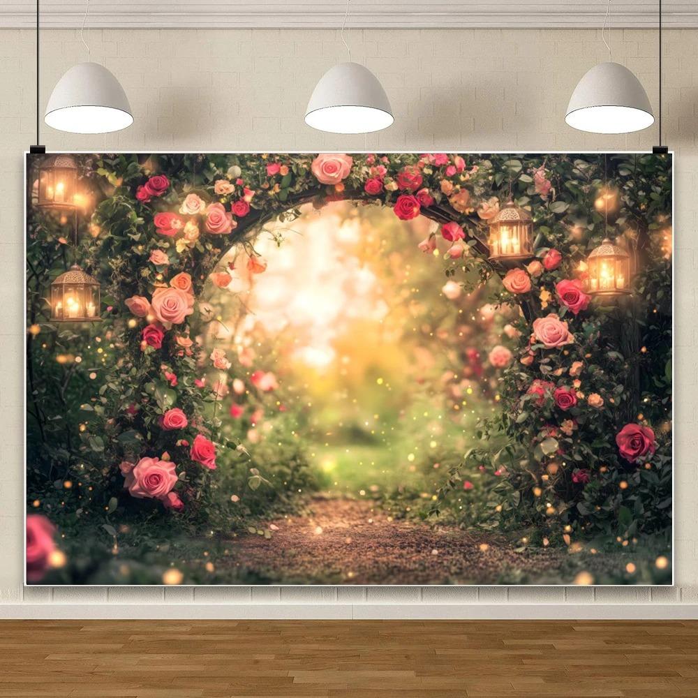 Fundo Romântico de Arco de Flores para o Dia dos Namorados, Decoração com Lanternas para Casamento, Noivado, Estúdio de Fotografia