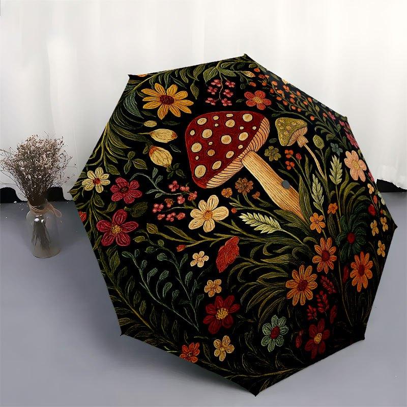 Enchanted Forest Mushroom Rug, Vibrant Floral Round Carpet for Home Decor Umbrella, Cute Umbrella with Cute Design, Portable 3-Fold Compact Umbrella F