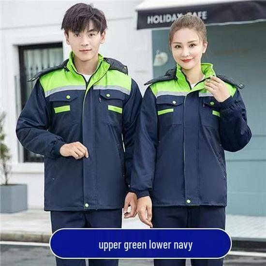 Abbigliamento da lavoro invernale in cotone colorblock riflettente: Giacca e Pantaloni Caldi di Media Lunghezza con Logo Personalizzato