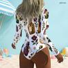 Women Plus Size White High Neck Front Zip Long Sleeve One Piece Printed Swimsuit