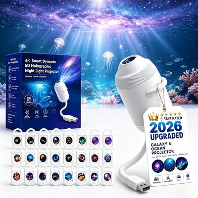 Hd Smart Dynamic 5d Holographic Night Light Projector, Plug and Play Hd Star Projector, 360° Adjustable Hd Galaxy and Ocean Projector for Bedroom
