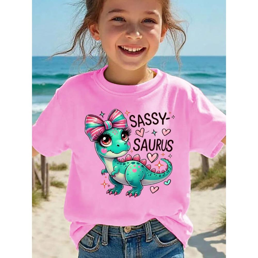 Girls' Kawaii Cartoon Dinosaur Graphic T-Shirt Cute Pink Bow Hearts Print T-Shirt Kids Short Sleeve Tee Y2k Children's Clothing