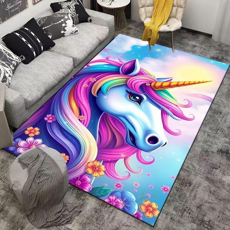 Colorful Unicorn Carpet with Rainbow Mane and Flowers Pattern Design Suitable for use as an anti-slip for living room bedroom sofas
