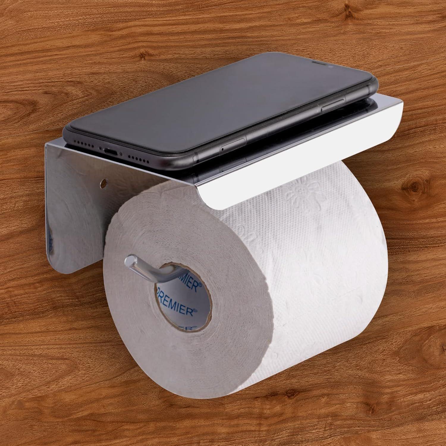 

Self Adhesive and Wall Mount Stainless Steel Toilet Paper Holder with Mobile Stand, Wall Mounted Tissue Paper Holder with Shelf