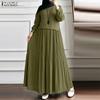 Women Muslim Casual Round Neck Long Sleeve Loose Pleated Dress