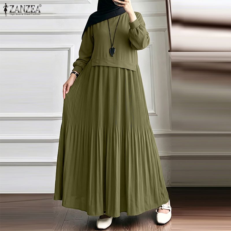 ZANZEA Abito casual musulmano da donna, girocollo, manica lunga, ampio, plissettato
