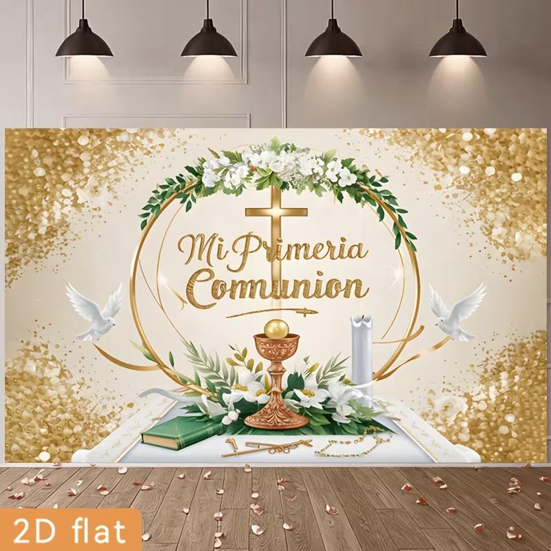2D Mi Primera Comunion Celebration Background, Chalice & Dove Decor