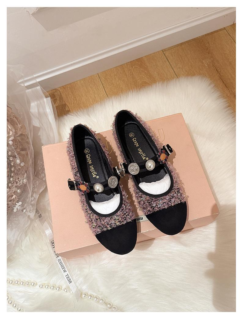 

French Chic Round Toe Tweed Mary Jane Shoes - Genuine Leather, Small Block Heel, Spring/Autumn Collection for Women 36