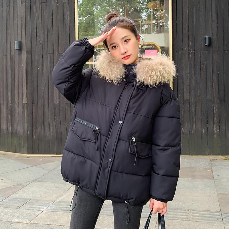 Baumwolle Gefütterte Jacke Frauen Winter Fell Kapuze Parkas Jacke Kurze Frauen Lose Kordelzug Warme Casual Winter