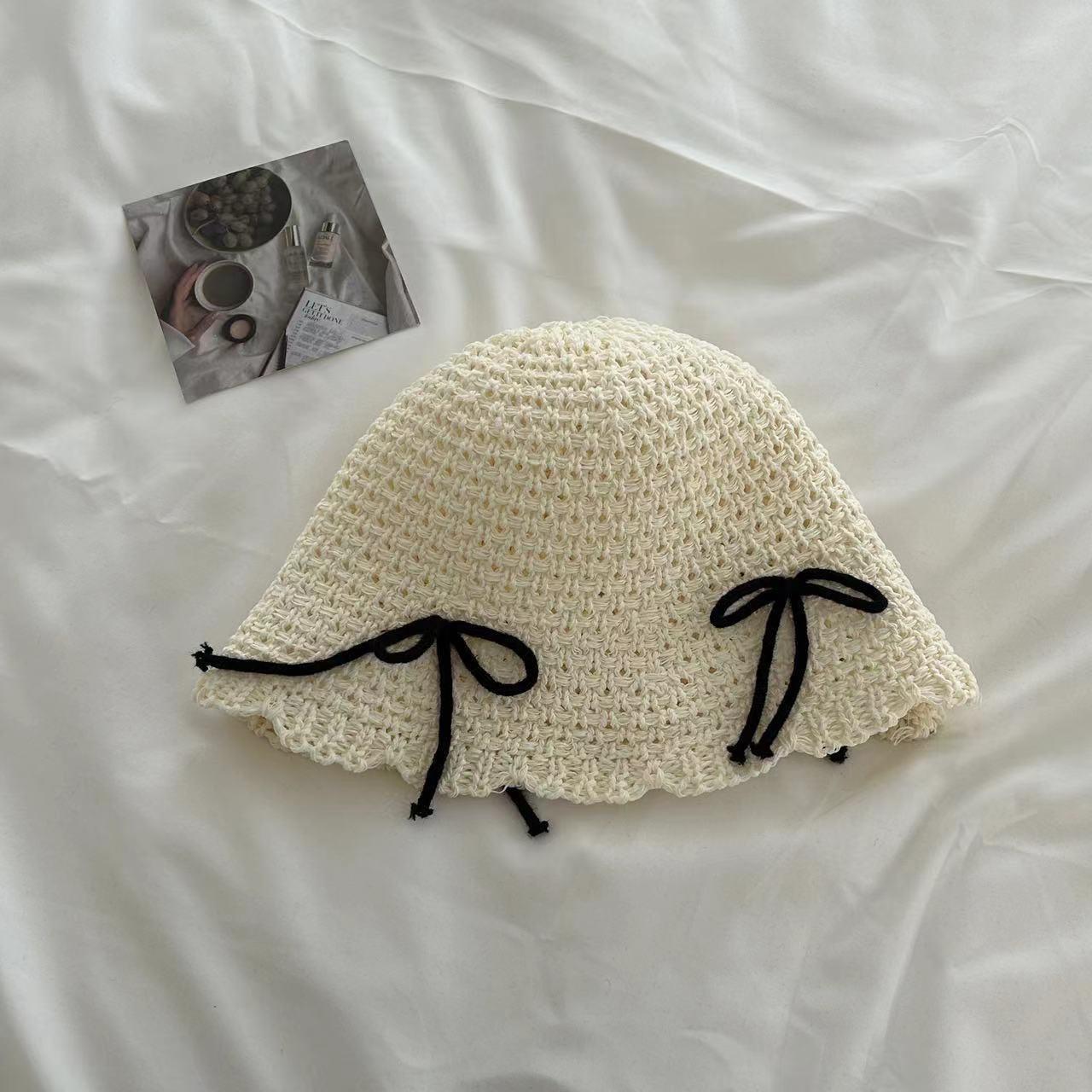 

New bow woven basin hat cute versatile face small hat dome ins knitted straw bucket hat M（56—58cm）