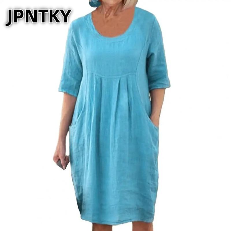 JPNTKY Fashion Summer Spring Solid Color Print Short Sleeve O-Neck Casual Dresses