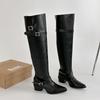 Autumn Vintage Thick Heel Women Knight Boots Fashion Belt Buckle Shoes Ladies Elegant Pointed Toe Mordern Knee High Booties