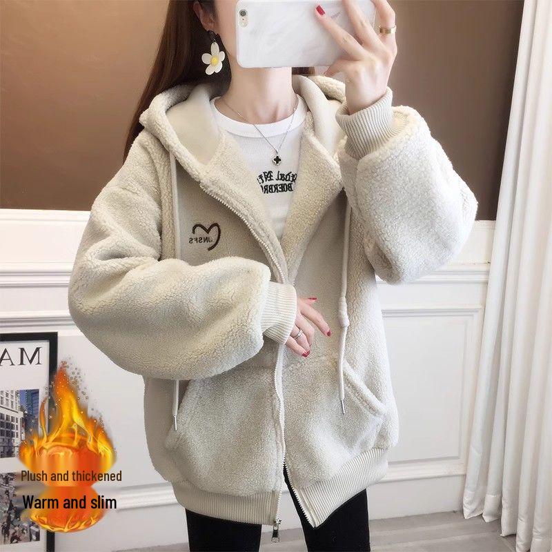 Women's Hooded Fleece Jacket 2025: Thick Lambswool Cardigan for Autumn/Winter