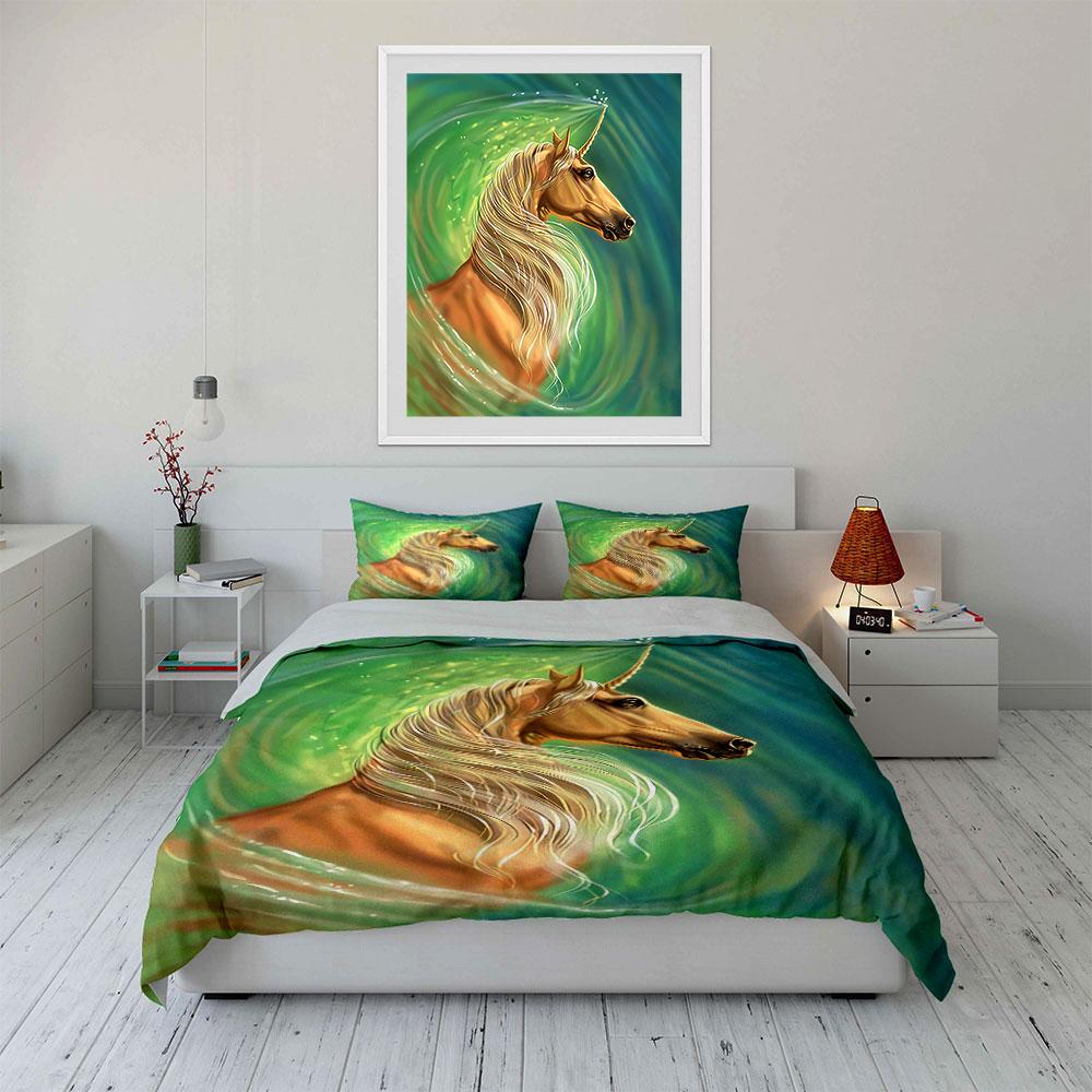 Golden unicorn, green swirl. Bedding sets Duvet cover sets Duvet covers Pillowcases(1 * Duvet Cover 2 * Pillowcases without duvet insert)