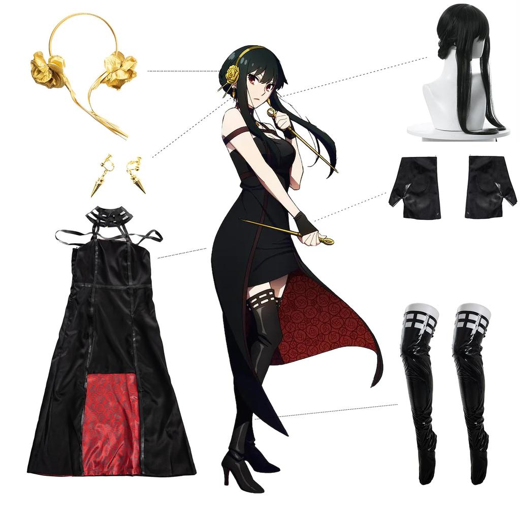 Yoru Cosplay Costume with Satin Satin with [NOKIJP] Wig, (Size M, Wig)