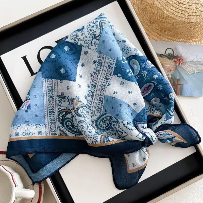 Cotton and linen geometric polka dots retro printed silk scarf women's square scarf high-end shawl sunscreen neck scarf headscarf scarf