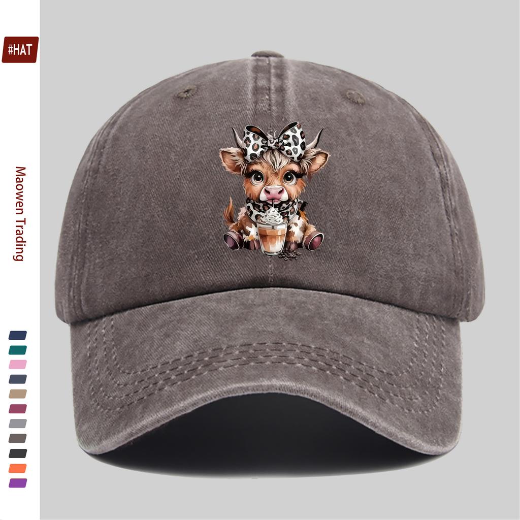 PC Niedliche Hochlandkuh Leopardenmuster Schleife Kaffee-Print Baseballkappe Einfache Dekorative Mütze für Lässige Reisende Mehrere Farben A
