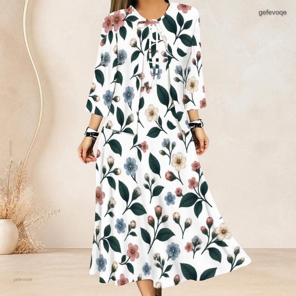 Women Plus Size White Floral Printed Two Piece Set Three Quarter Sleeve Cardigan Sleeveless Long Dress