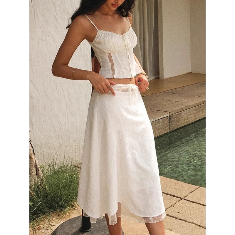 White Rose Julie Set French style Pure Design Embroidery Lace Sling + Mesh Patchwork Skirt Two-piece Set