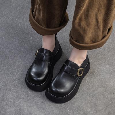 Retro Round Toe Platform Shoes Versatile Genuine Leather Comfortable Thick Soled Women's Shoes