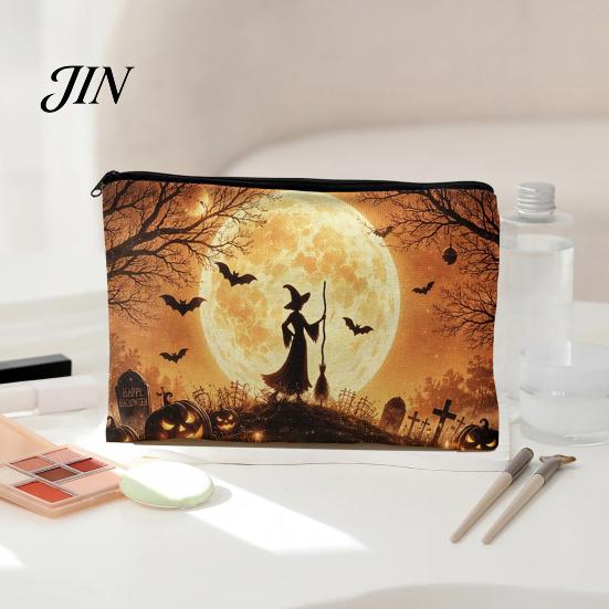 Witch Pumpkin Pattern Bag Storage Bag, with Smooth Zipper, Thickened Polyester Large Capacity Cosmetic Halloween Printed Pouch Reusable