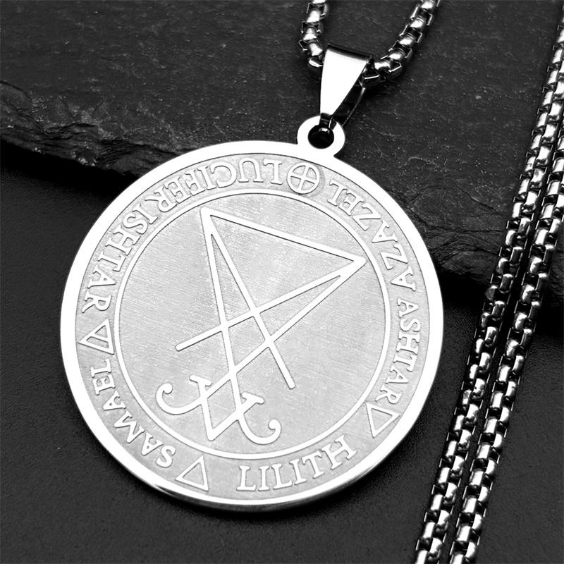 Sigil Church of Satan Stainless Steel Necklace for Women Men Seal of Lucifer Azazel Lilith Samael Devil Symbol Chain Jewelry