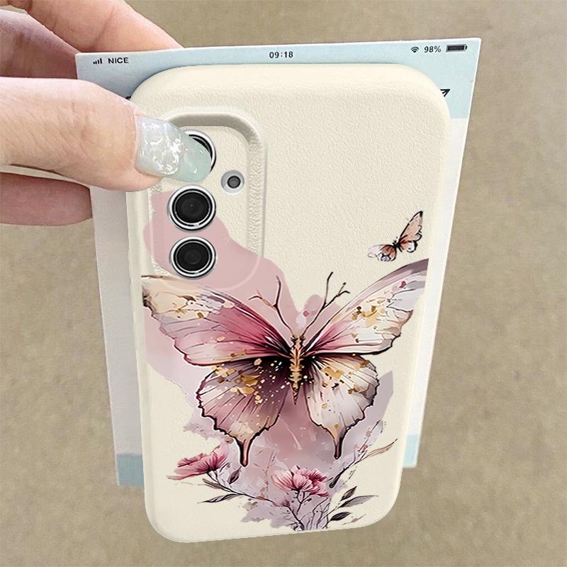 Pink Butterfly Watercolor Pattern Case For Samsung Galaxy A57 A56 A55 A54 5G A37 A36 A35 A34 A26 A25 A17 A16 A15 A14 Leather Texture Silicone Cover