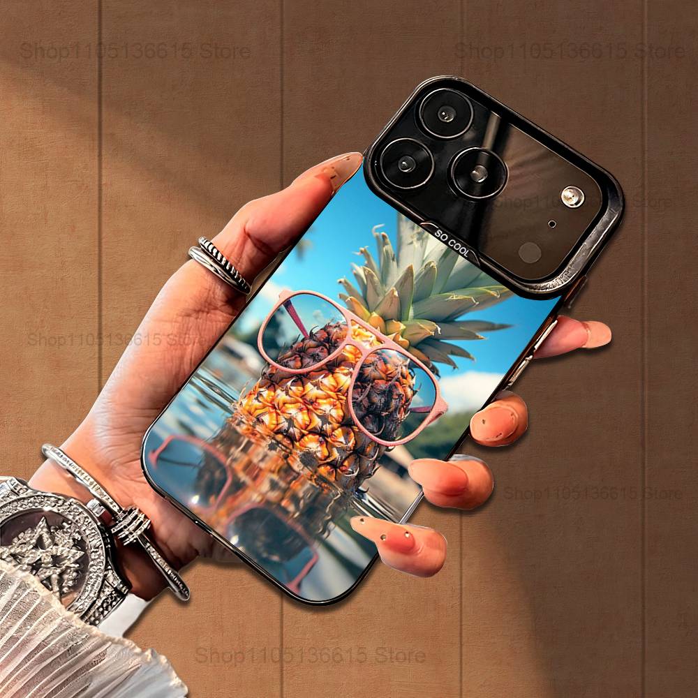 Cute Pineappl Art Fruit  Case For iPhone 16,15,14,17,13,12,11,Mini,Pro,SE,XS,MAX,Black Matte Silicone Cover
