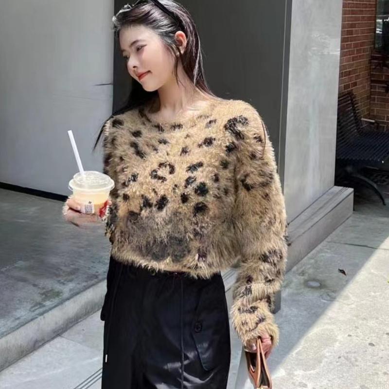 Imitation Mink Fur Loose Long Sleeve Cropped Sweaters Women Autumn Winter Fashion Leopard Print Pullover Sweater Ladies Elegant Slim Knitwear 24792