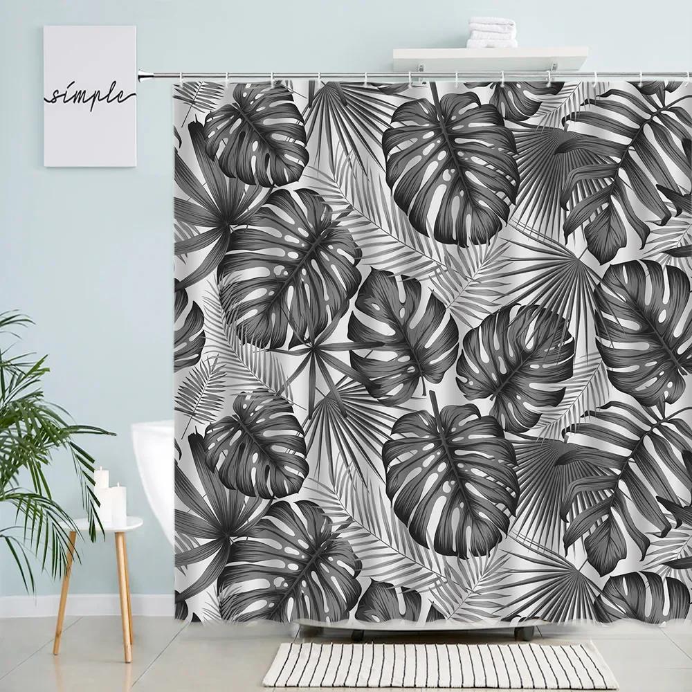 Tropical Plant Leaves Shower Curtains Creative Monstera Palm Banana Leaf Parrot Print Bath Curtain Set Bathroom Decor With Hooks