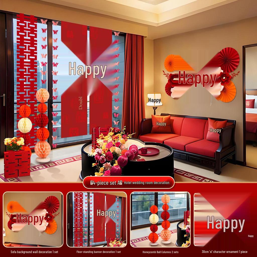 Bridal Room Wedding Decor Set with Double Happiness Backdrop, Tassels & Curtains