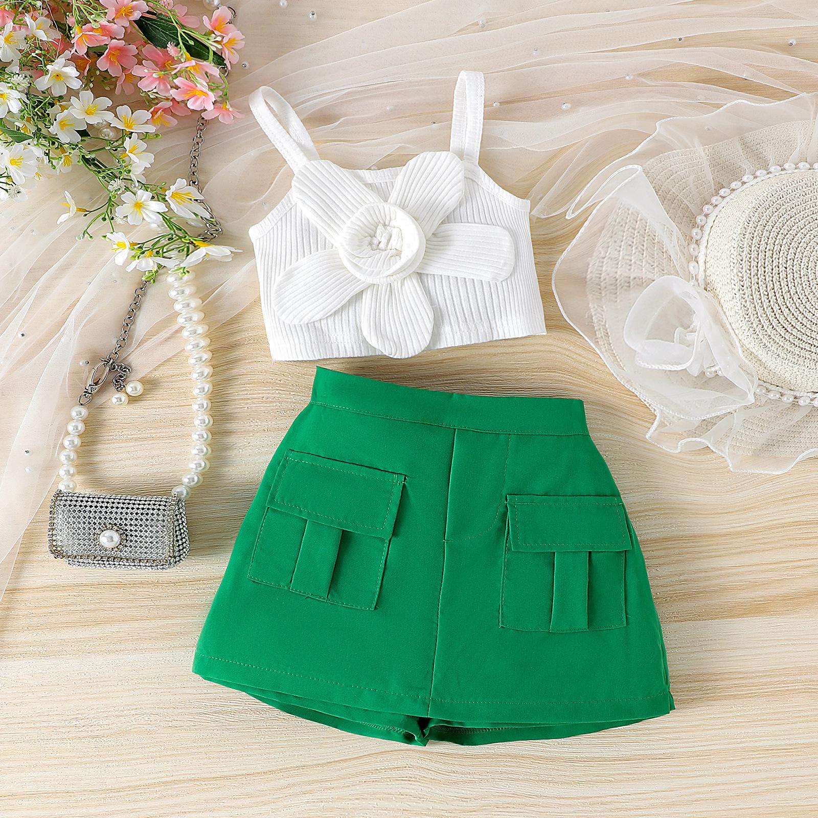 

Милый детский модный комплект, летний комплект из двух предметов для девочек, жилет с цветочным принтом и юбкой-брюками 4-5Y зелёный