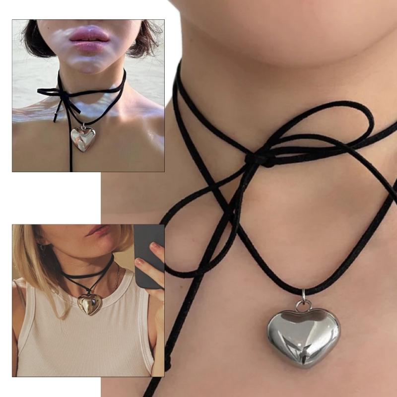 Goth Wax Rope Big Heart Pendant Choker Necklace for Women Elegant Weave Knotted Bowknot Drawing Adjustable Chain Jewelry