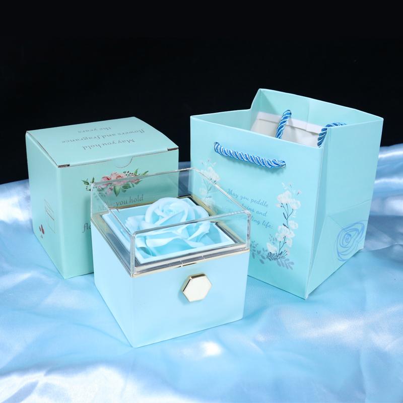 Manual Rotating Preserved Flower Jewelry Box with Necklace Ring Holder Luxury Acrylic Eternal Rose Box for Anniversary Gift