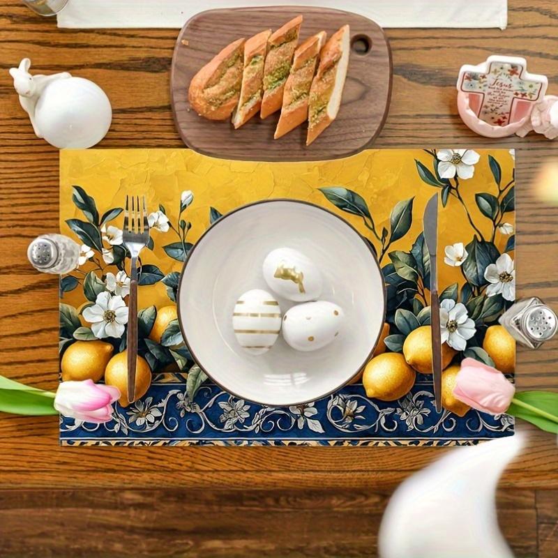 4pcs, Spring Placemats, All Seasonal Table Mats, Bright Yellow Blue Lemons White Decorative, Heat-Resistant Coffee Placemats, Suitable for Indoor, Out