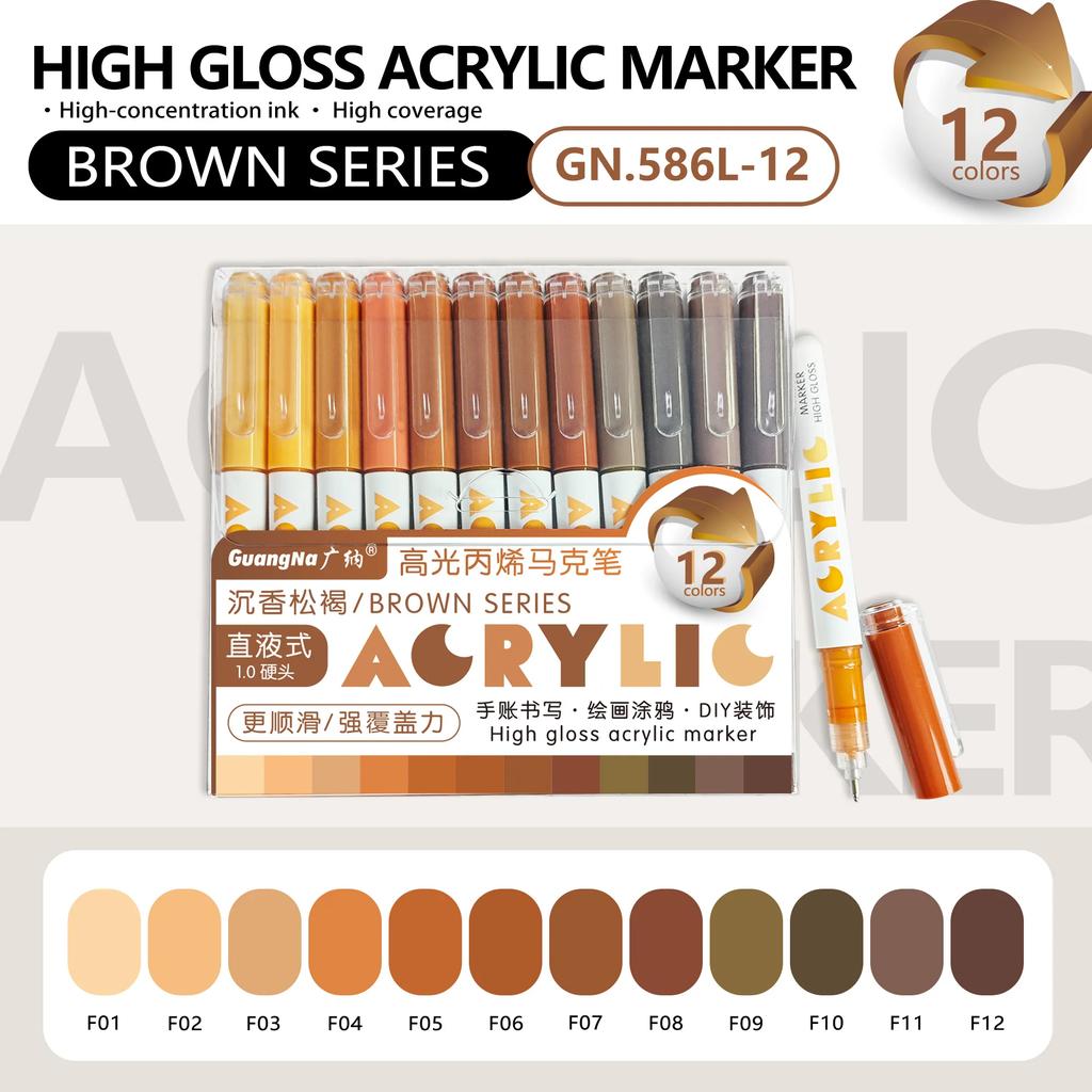 GuangNa 12 Colors/box Direct Liquid Hardhead High-gloss Acrylic Marker, for Student Notebook Writing, DIY Painting Graffiti