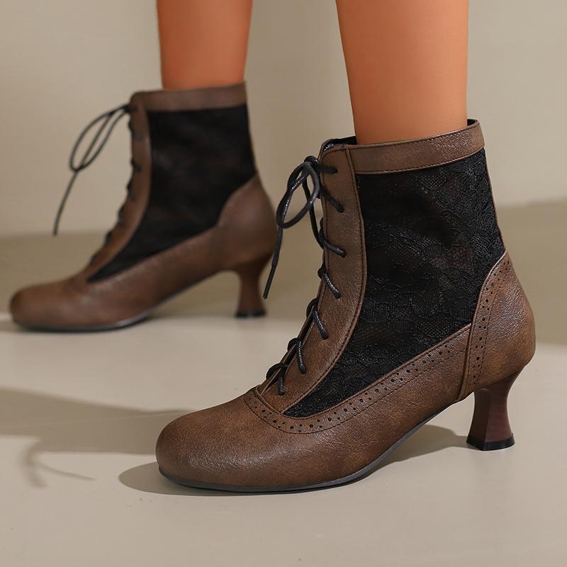Retro Cosplay Summer Boots Women Patchwork Mesh Shoes Spring Victoria Leather Chunky Kitten Heels