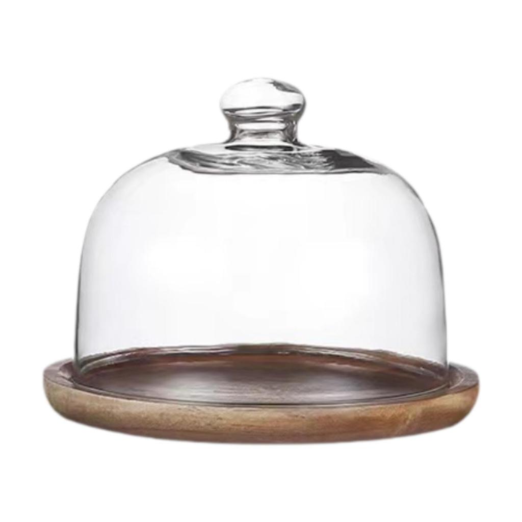 Wooden Cake Stand with Glass Cover Dessert Plate Decorative Cake Holder Round Cake Plate for Cream Candy Party Dessert Cake