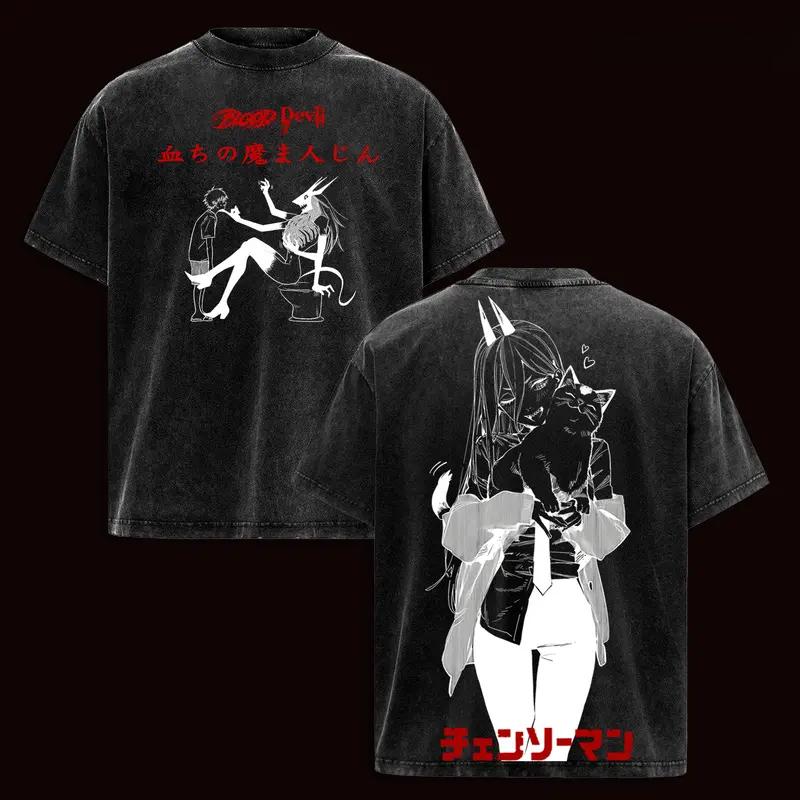 Anime Chainsaw Man Power Graphic T Shirt Men Women Short Sleeve Clothing Oversized Tshirt Washed Cotton Tee Harajuku T-shirt