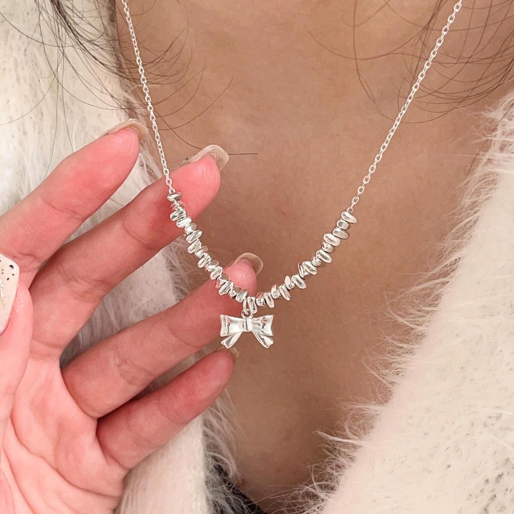Yinruitai Sterling Silver Bow Necklace - Simple Korean Style Clavicle Chain for Women 