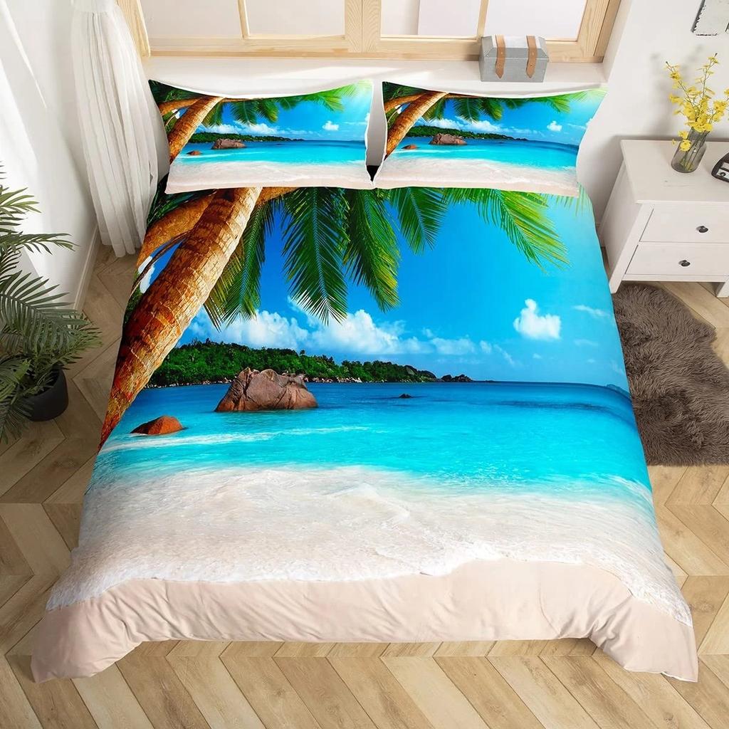 Summer Beach Duvet Cover Set Queen Ocean Bedding Set Hawaiian Palm Trees Marine Life Sea Waves Fish Printed Comforter Cover Set