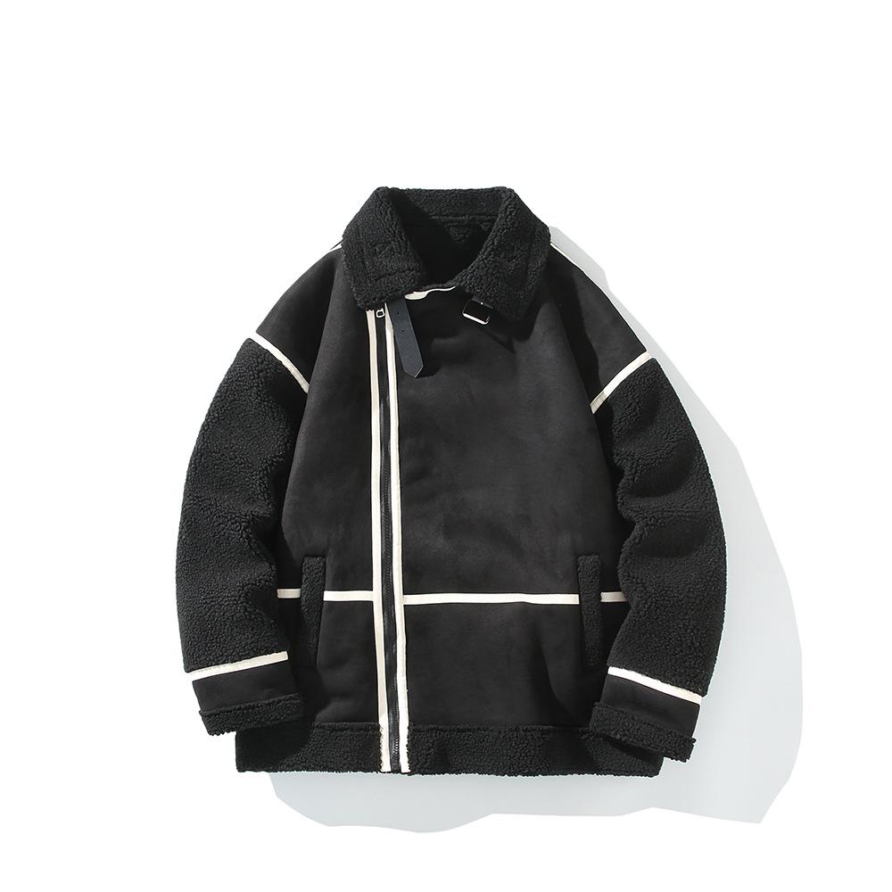 Men's Lambswool Fur-Lined Color Block Winter Jacket, Trendy American Brand, Plus Size, Thickened Cotton for Teens